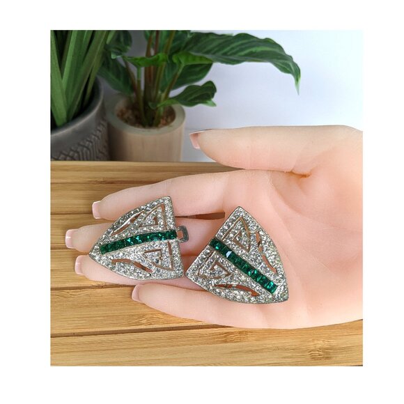 Vintage Art Deco Green Square Rhinestone Pave Crystals Belt Buckle Silver Tone
